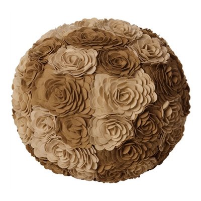 Tan round pouf ottoman or stool covered in hundreds of wool laser cut flowers from Modern Dose