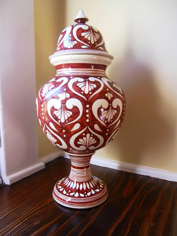 Red and white Italian hand painted ceramic urn