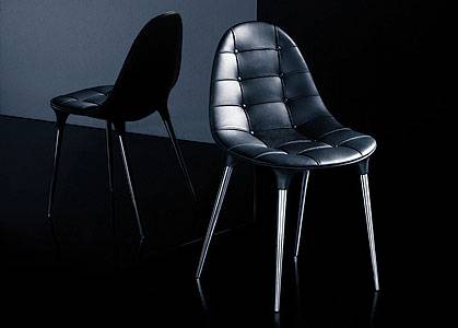 Black leather side chair or dining chair with aluminum legs and a quilted seat from Cassina