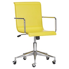 (Yellow leather office chair with padded seat and waterfall back and a chrome base from cb2