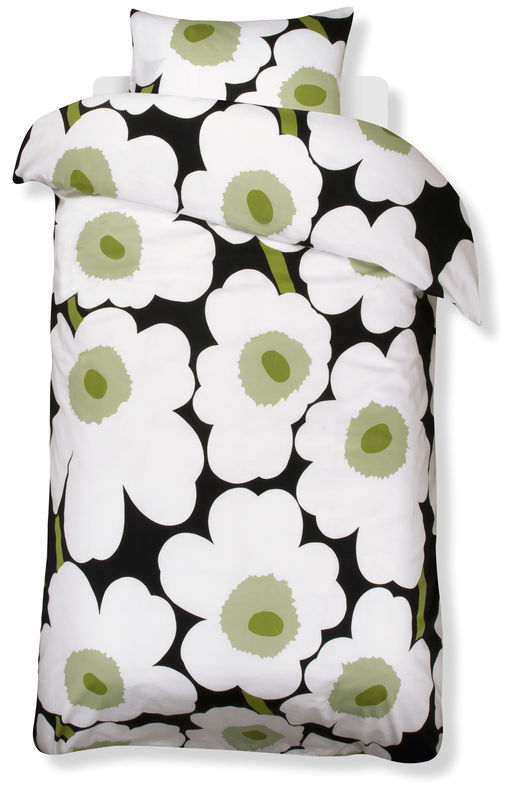 Duvet cover with black ground and white and green flowers from Marimekko