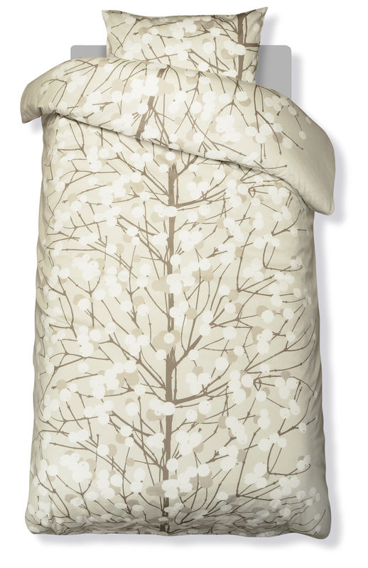 Tan and white bedding with a blossoming tree from Marimekko