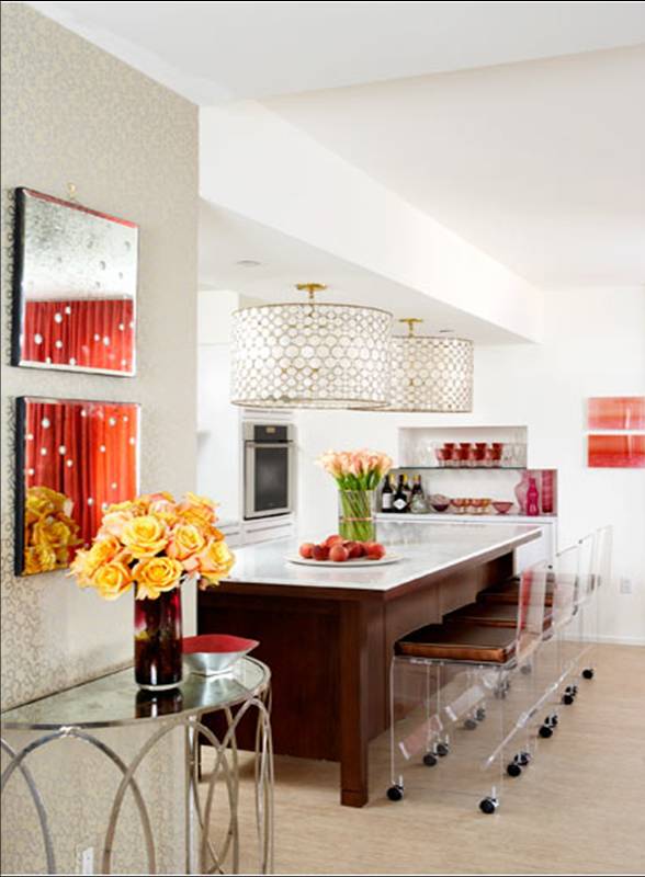 Kitchen by Amanda Nisbet with Serena drum chandelier, wood island with white counter top and lucite bar stools with leather cushions