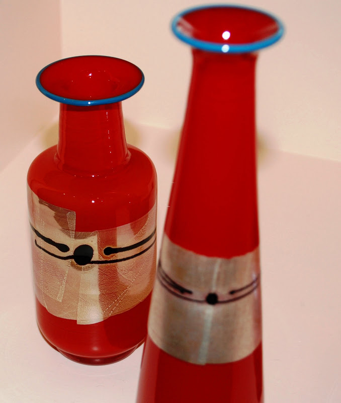 Red handblown art glass vases 