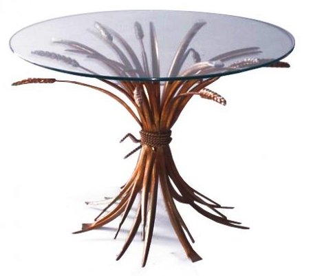 Glass top side tables with bronze metal base made to look like a bundles of wheat from Red House Interiors