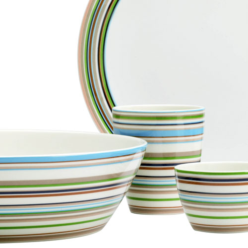 White porcelain dinnerware with blue, green and brown stripes from Zwello