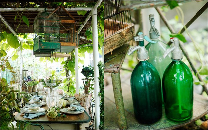On the left a shady outdoor table setting. On the right three vintage green seltzer bottles