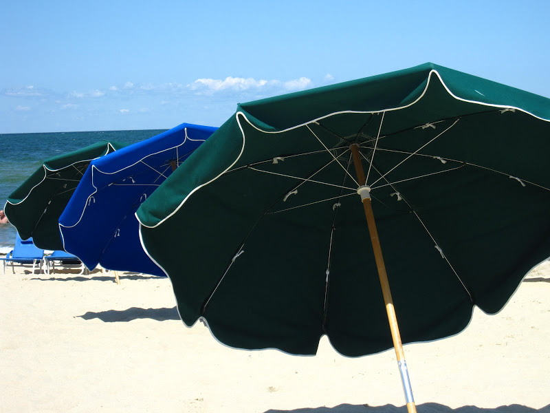 Green and blue umbrellas at the Cliffside Beach Club in Nantucket 