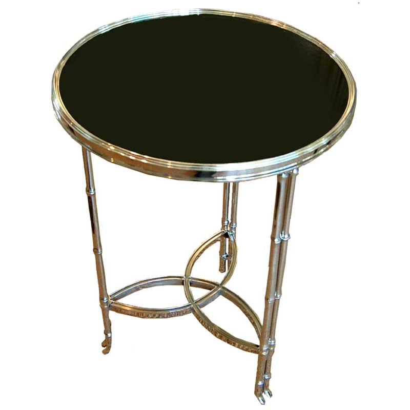 Metal side table from Plush Home with black granite top, three legs and a looping interlocked stretcher at the base. The metal legs have a bamboo design.