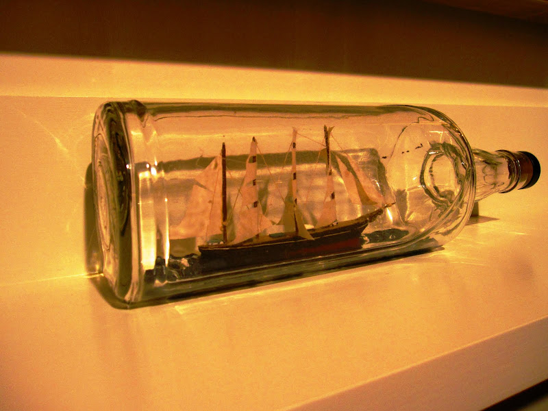 Ship in a bottle in the great room at the Great Harbor Yacht Club