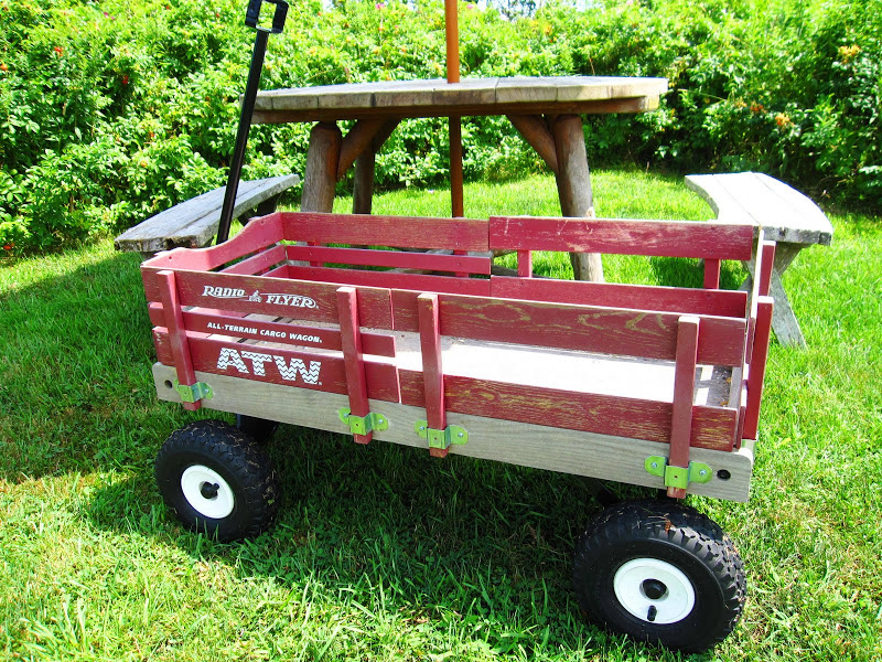 Close up of a Red Flyer wagon next to a wooden picnic table