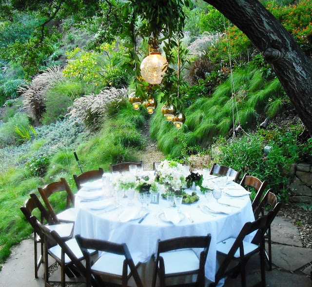 Table setting at an outdoor wedding on a hillside in Beverly Hills, CA
