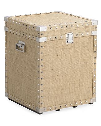 Raffia upholstered cube with nickel plated nailhead trim and fittings from William Sonoma Home
