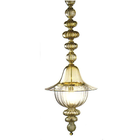 Mouth-blown colored glass pendant light with gold plated metal designed by Venini Studio in Italy for moss
