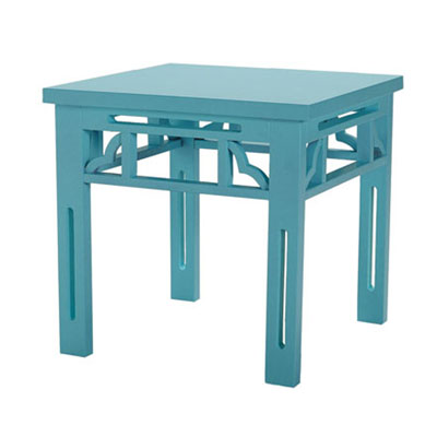 Turquoise end table with lattice trellis detailing from Modern Dose