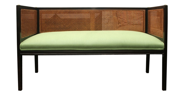Vintage Dark Mahogany Caned Benches Upholstered in Green Linen from Steven Sclaroff