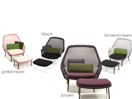 Pink/cream, black, brown and brown/cream Slow Chairs designed by Ronan & Erwan Bouroullec from Hive