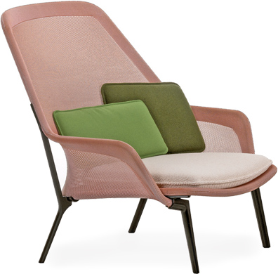 A pink slow chair with two green accent pillows design Ronan & Erwan Bouroullec from Hive