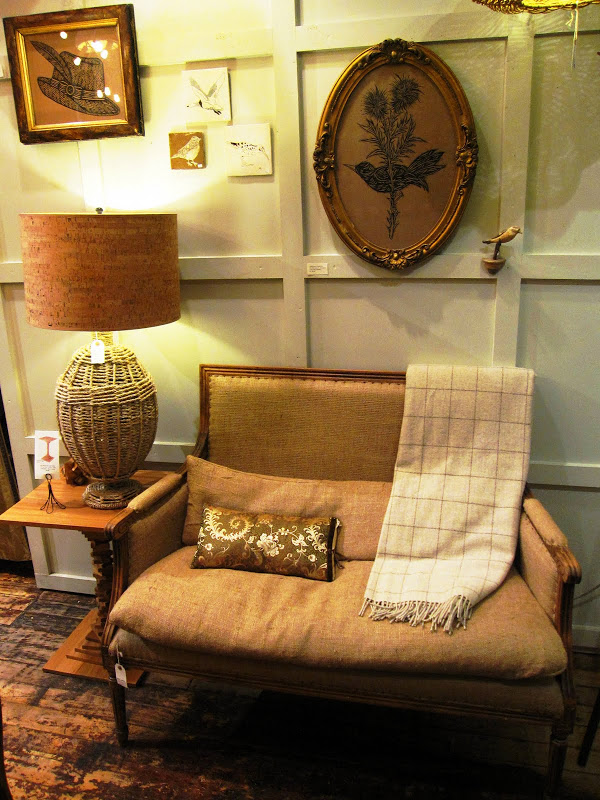 Burlap upholstered love seat in Michele Varian's flagship store