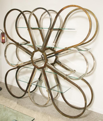 Vintage chrome, brass and glass shelving unit or room divider in the style of Milo Baughman from Objects in the Loft