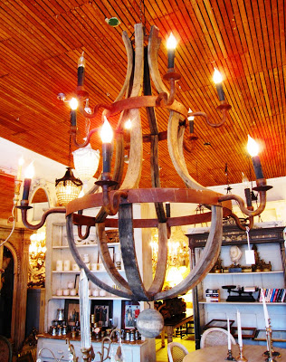 Wine barrel chandelier inside a Los Angeles store