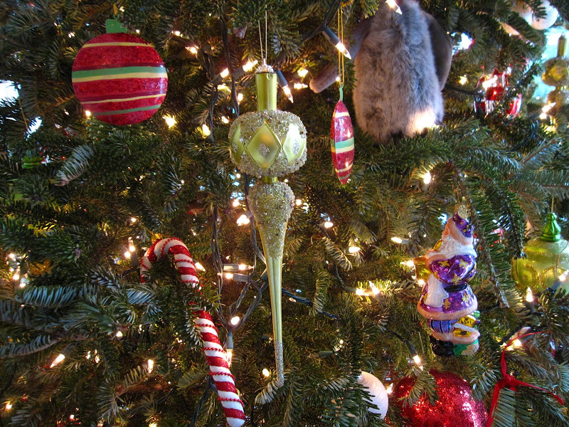 Close up of ornaments on a Christmas tree in the Garden Room of a historic New Orleans mansion