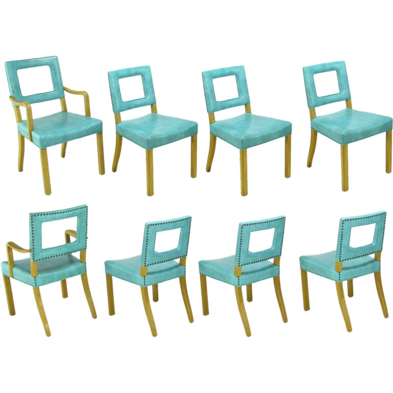 Eight vintage 1950s dining chairs with original turquoise blue vinyl upholstery from Assemblage