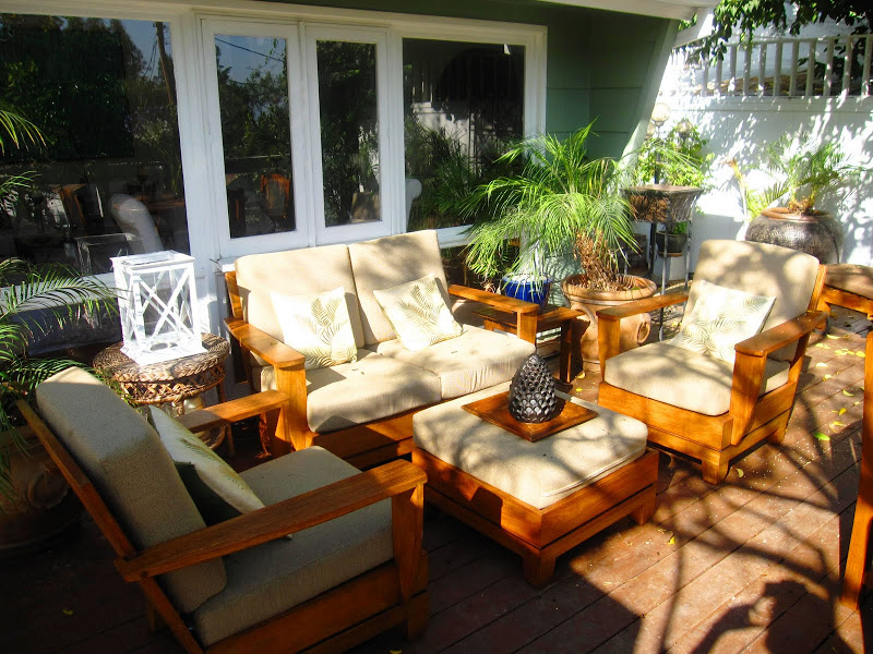 Teak lounge furniture on a deck in the Hollywood Hills from Brown Jordan