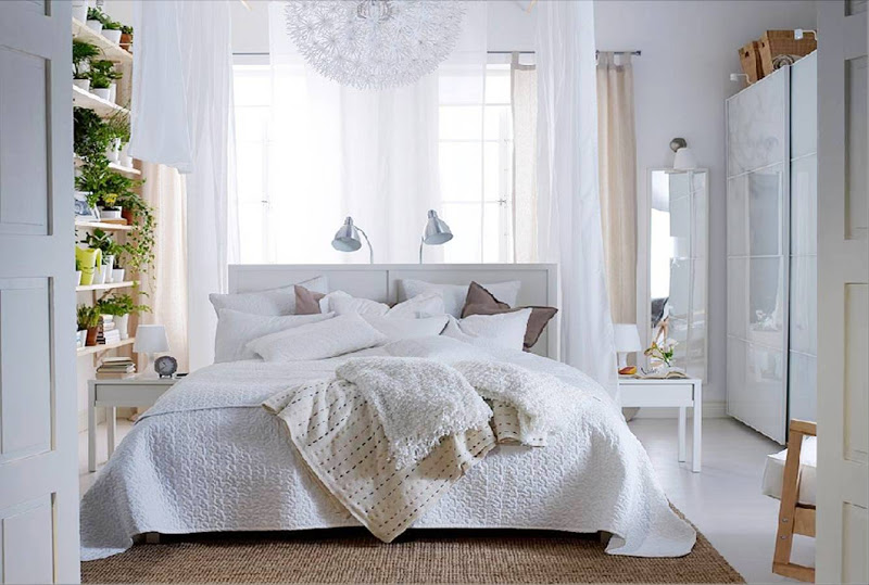 White bedroom with Dandelion ceiling light from Ikea