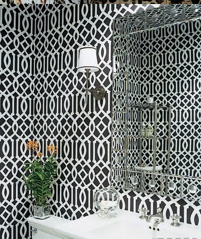 Powder room with black and white graphic print wallpaper