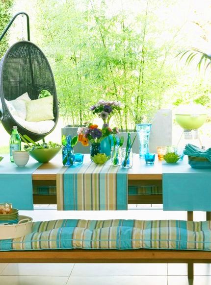 Outdoor patio with blue, green and tan accents