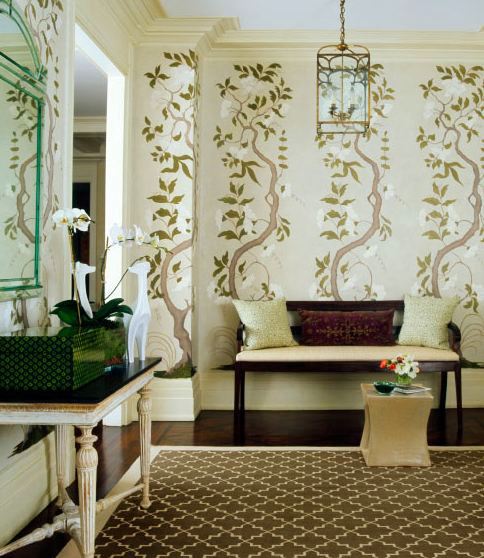 Entry way in a Park Avenue apartment with climbing vine wallpaper