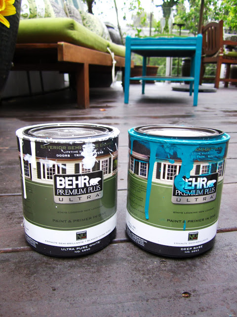 Cans of Behr Paint in Tropical Waters and White 