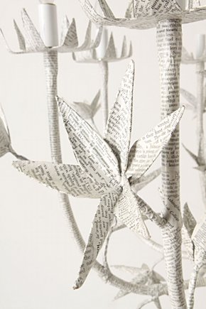 Close up of a floral handcrafted iron chandelier covered with encyclopedia print from Anthropolgie