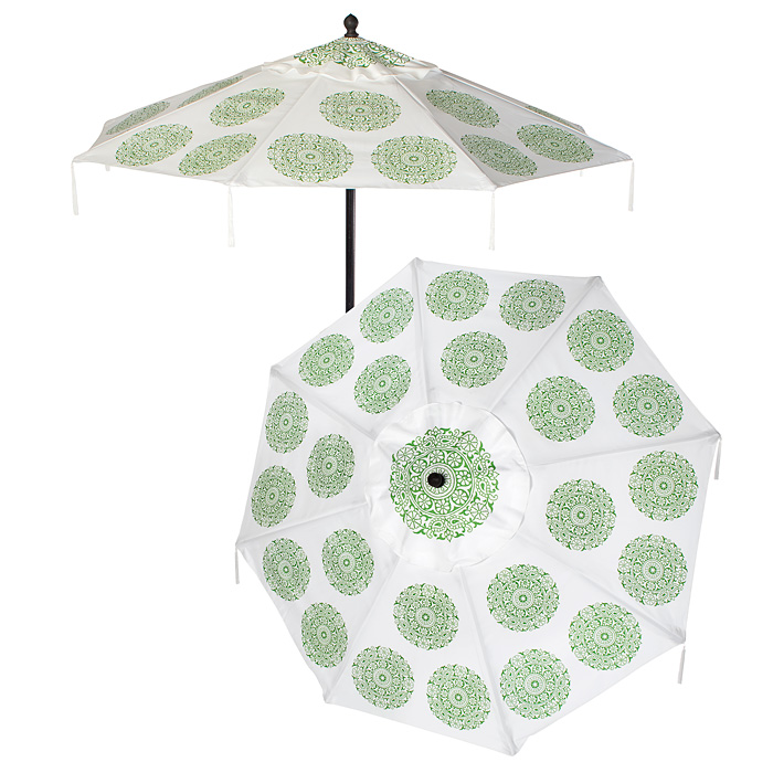 Round white outdoor umbrella with green medallions from Z Gallerie