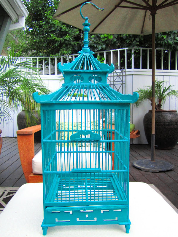 Custom painted teal Chinoiserie inspired wood bird cage