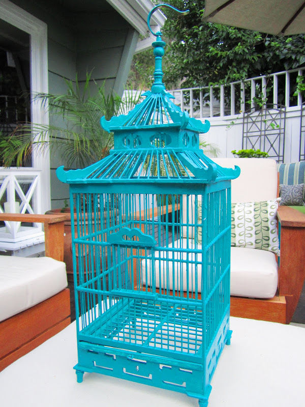 Custom painted teal Chinoiserie inspired wood bird cage