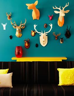 "Trophy wall" with an assortment of brightly colored fake deer and buck heads on a teal wall