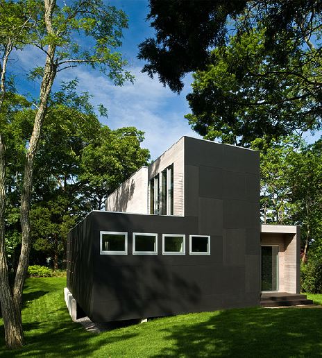 Small modern home with black siding and white framed windows