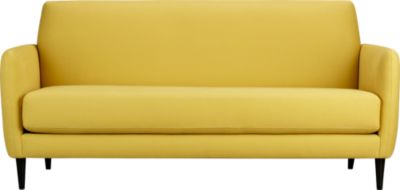 Yellow sofa from cb2 with tapered legs, tight back and single seat cushion