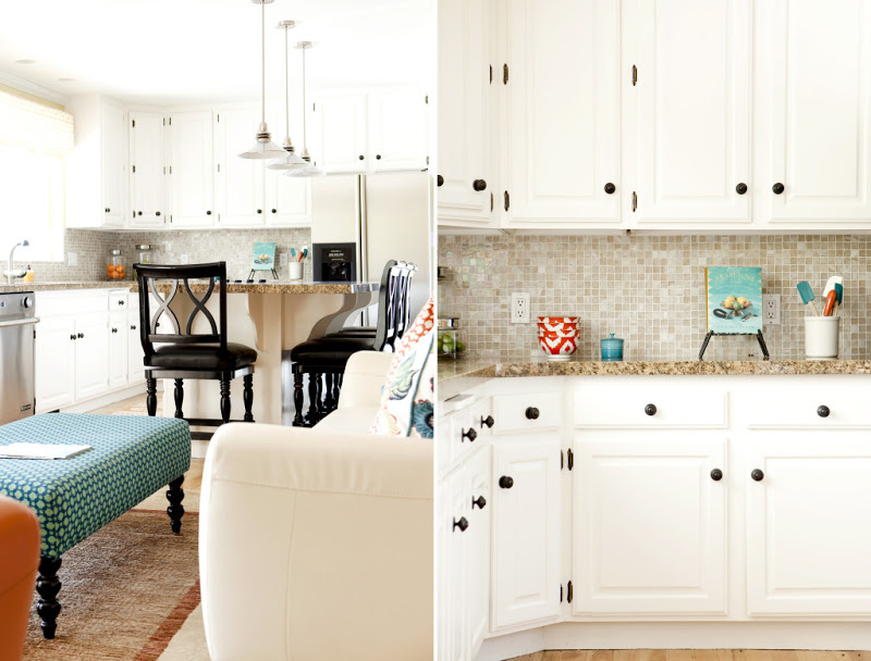 Two photos of a bright and airy eat in kitchen