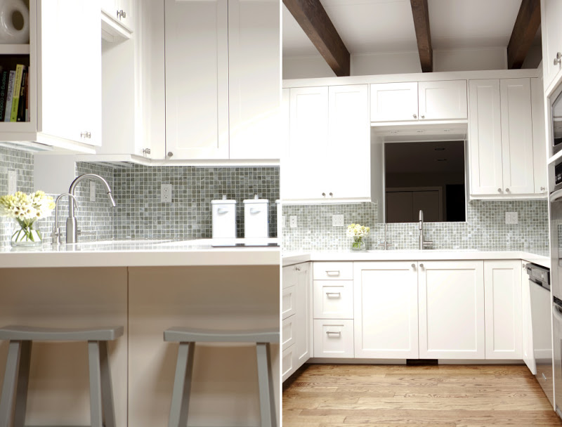 Two views of a kitchen with square mosaic tile backsplash