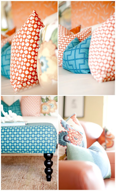 Four close ups of brightly colored pillows and an upholstered ottoman