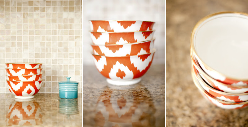 Three photos of orange and white bowls on a granite counter with square mosaic tile backsplash