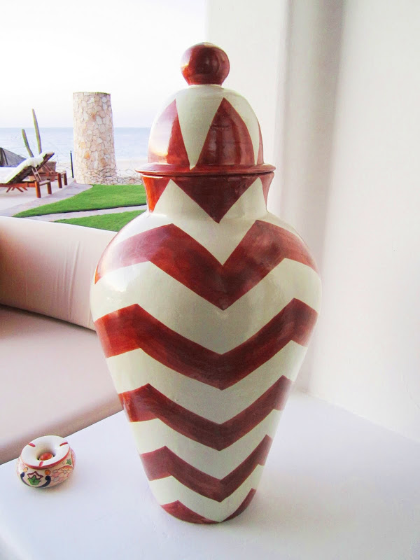 Red and white chevron printed Talavera pottery