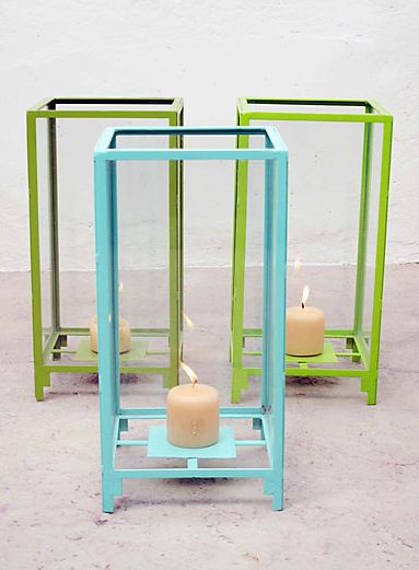 Painted metal box lanterns in green and blue