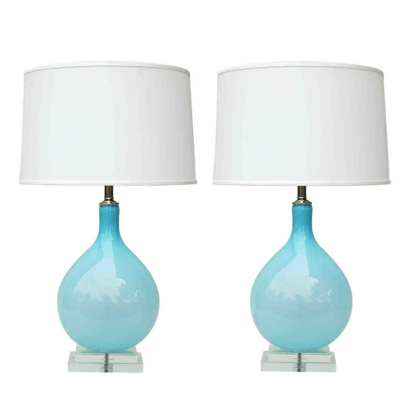 Light blue hand blown Murano glass table lamps by Joe Cariati with white shades