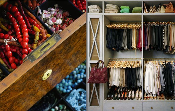 On the left is jewlery organized by color and type in a drawer, on the right is a well organized closet