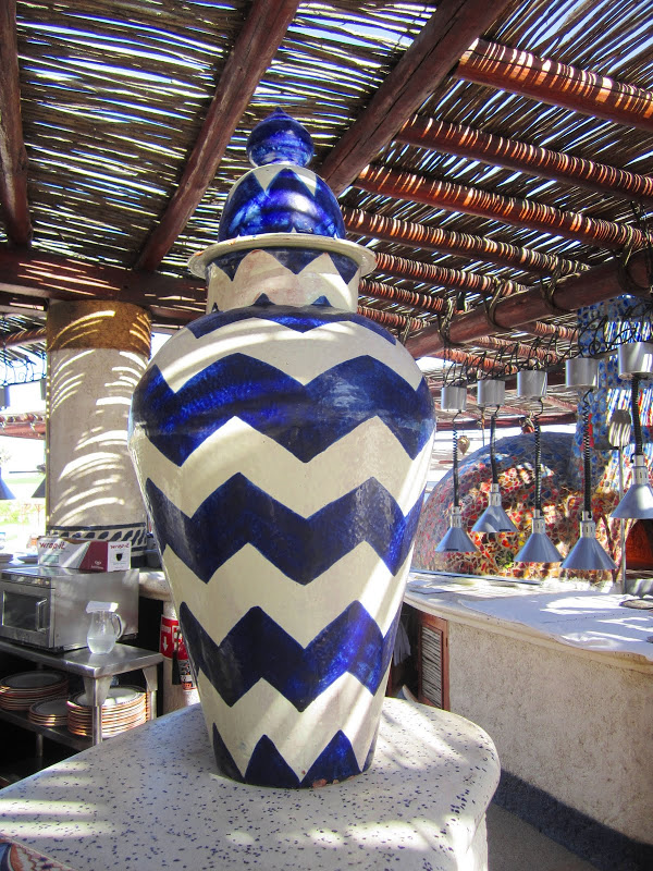 Talavera pottery with blue and white chevron pattern