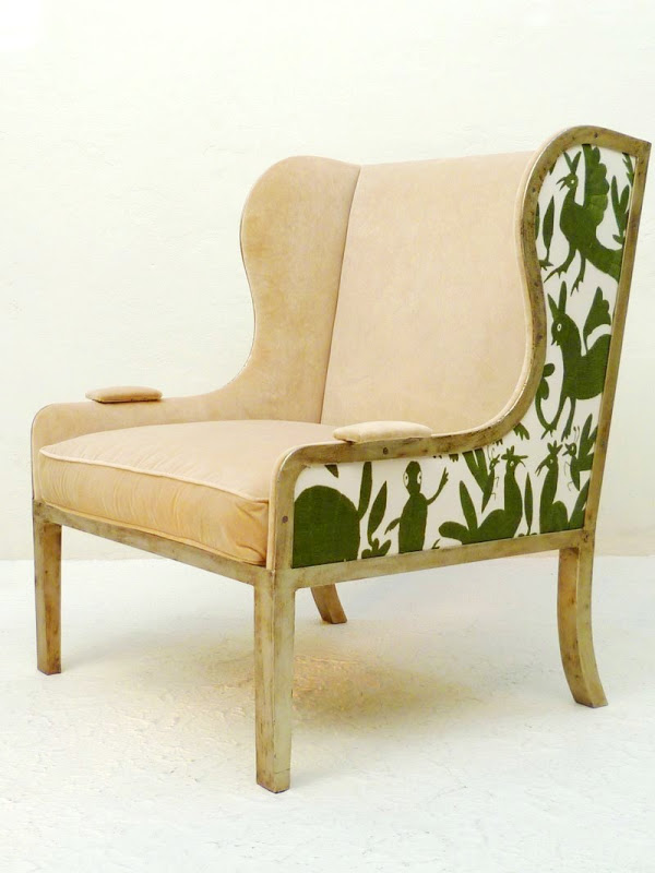 Final view of Ixelles Wing back chair with seat and back upholstered in white with green animals and plants by Casamidy